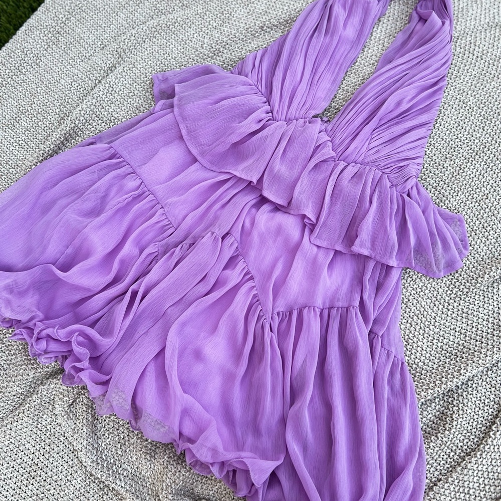 ASOS DESIGN plunge pleated tiered mini dress in purple Size 6